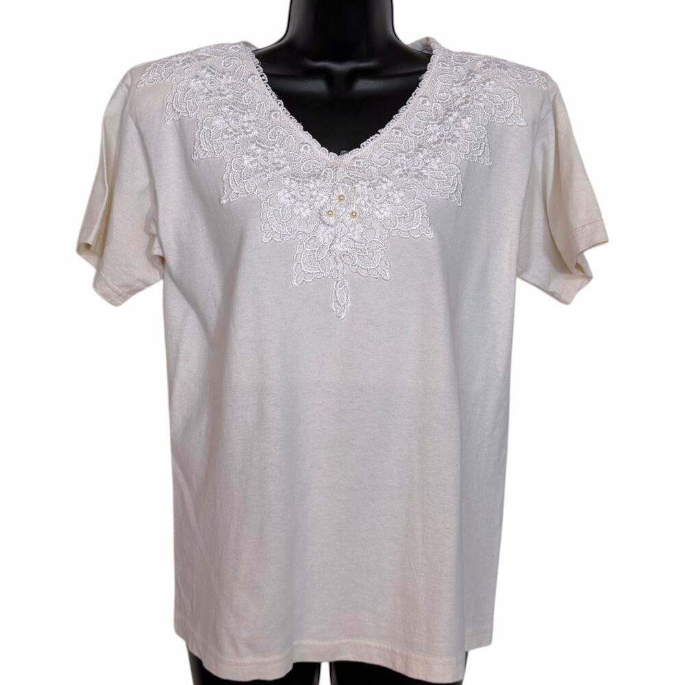 VINTAGE 80S 90S CACTUS WHITE LACE V-NECK TOP BEADED COTTAGECORE WESTERN SIZE L
